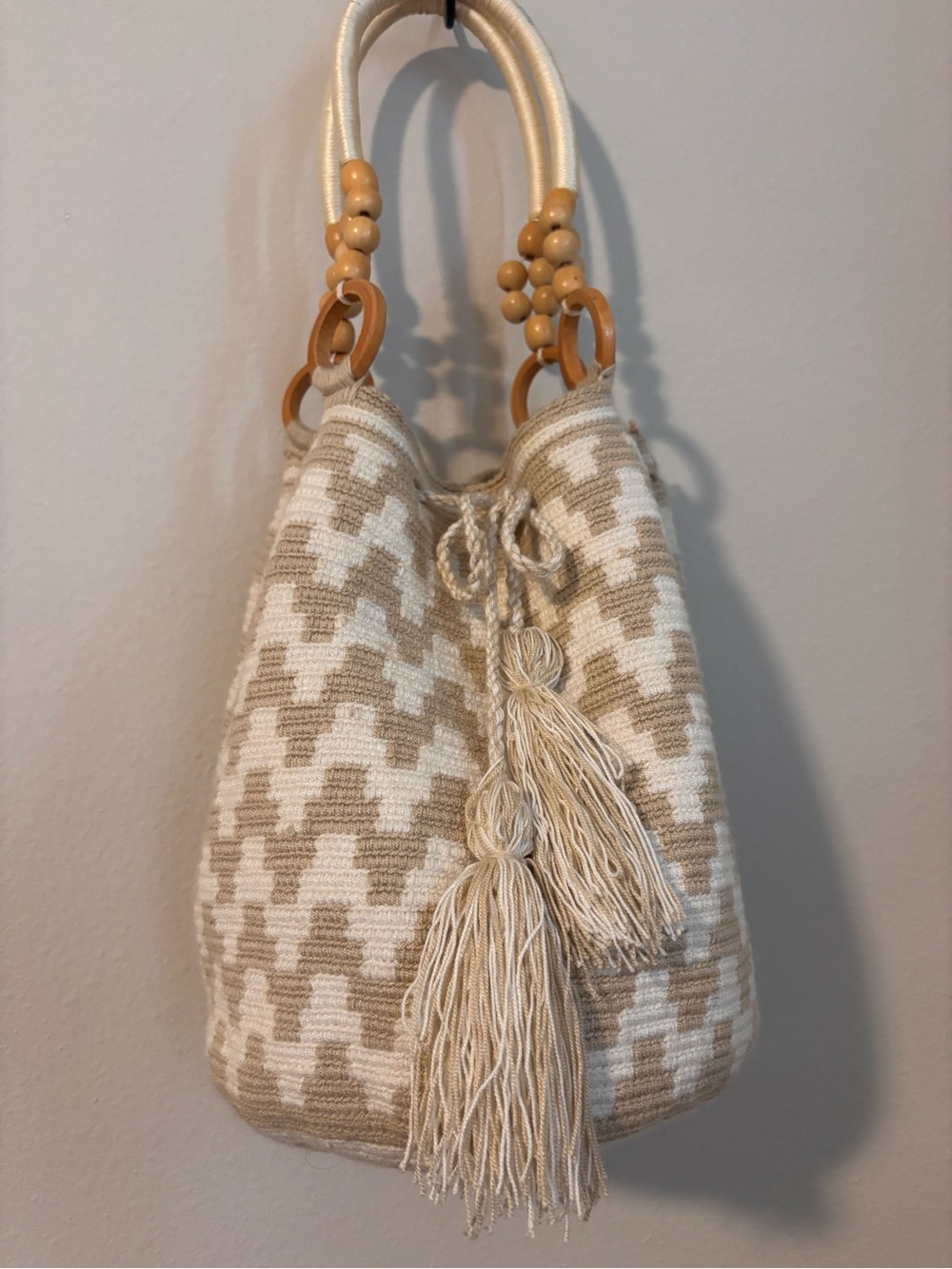 WAYUU Handwoven BOHO Beige & Cream Woven Tassel Bucket Bag White Cream Beige